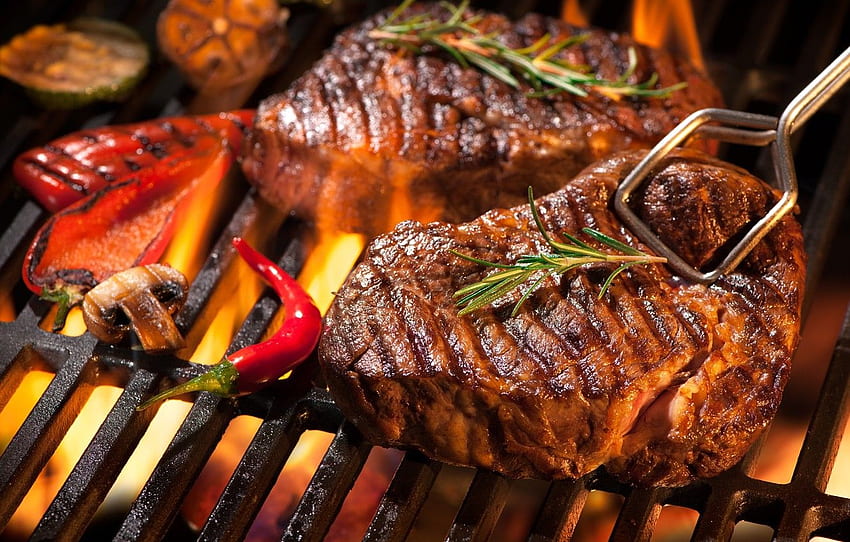 fire, meat, vegetables, steak, grill HD wallpaper