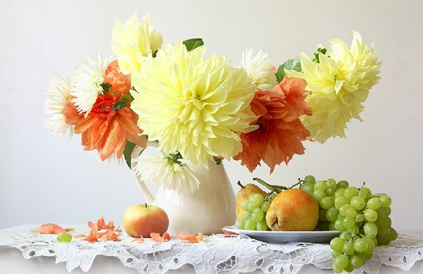 still life, apples, decoration, arangement, grapes, flowers, pears, beauty HD wallpaper
