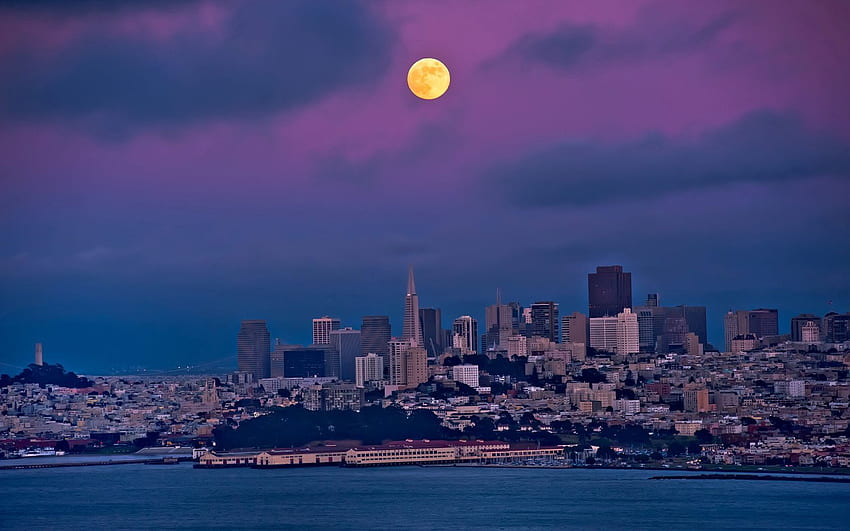 都市, 家, 空, 夜, 月, 建物, 湾, サンフランシスコ 高画質の壁紙