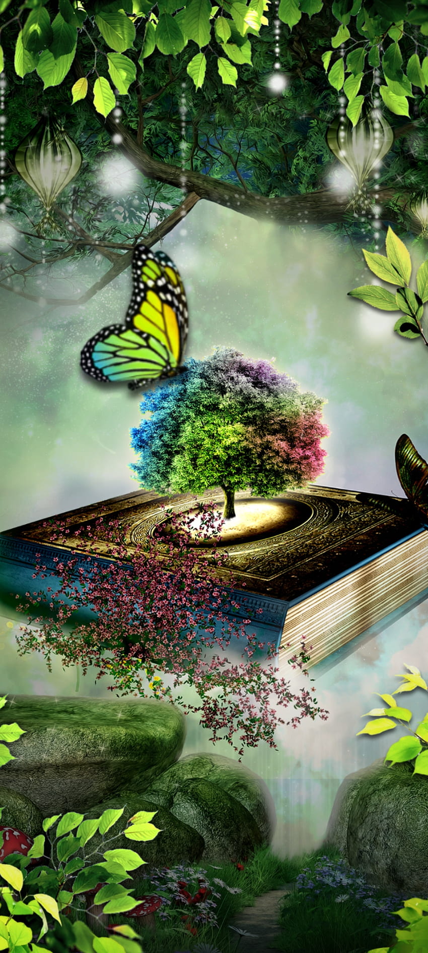Fantasy Book 2, hermoso, bosque, mariposa, natural, naturaleza, premium, verde fondo de pantalla del teléfono