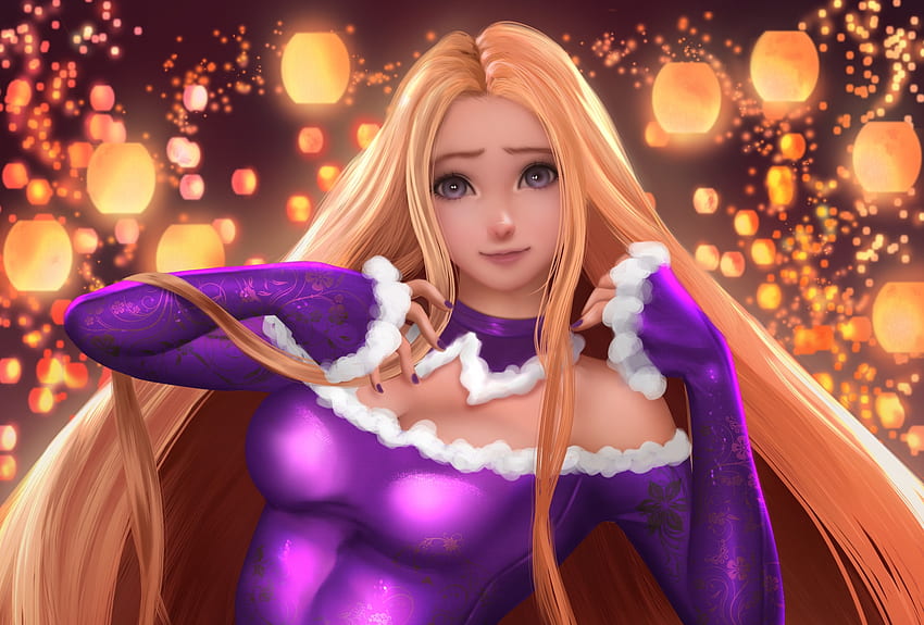 Rapunzel, blonde, art, nef rubi, girl, purple, pink, fantasy, luminos, lantern HD wallpaper
