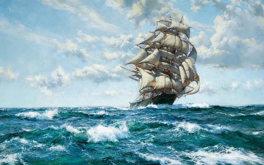 Veliero, oceano, nuvole, pittura, opera d'arte, Tall Ship Sfondo HD