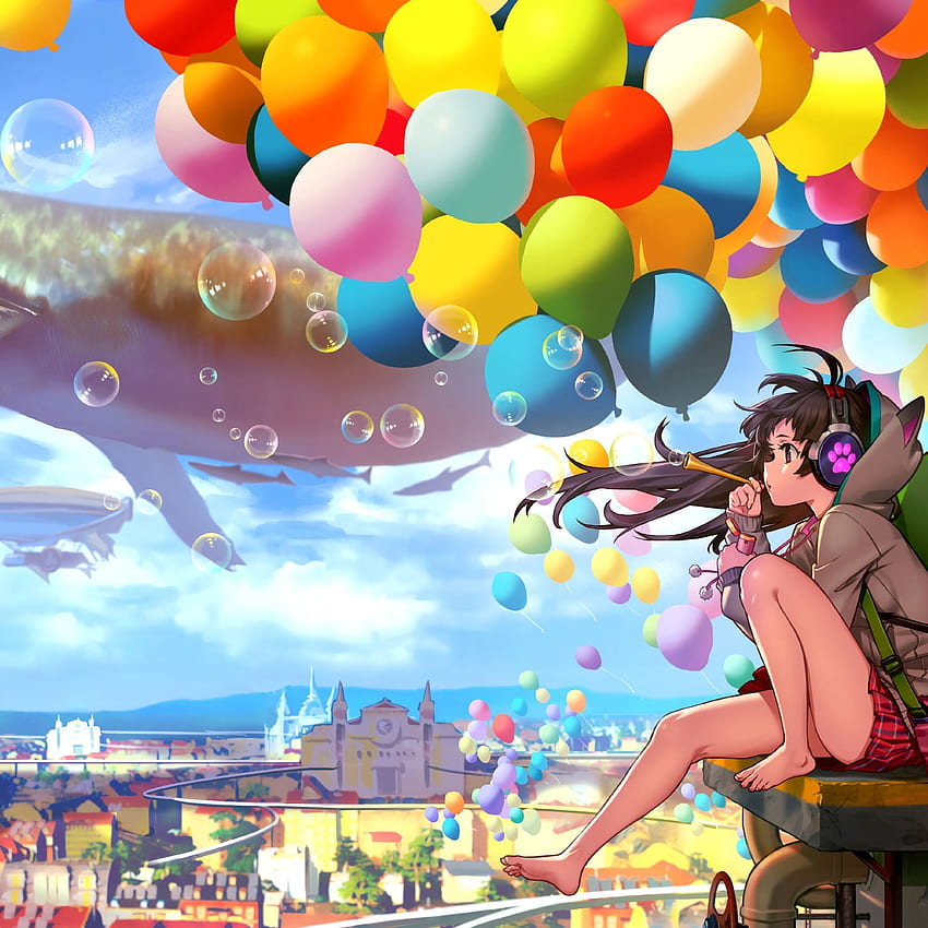 Garota colorida de anime da cidade soprando bolhas iPad Air, festa de anime Papel de parede de celular HD