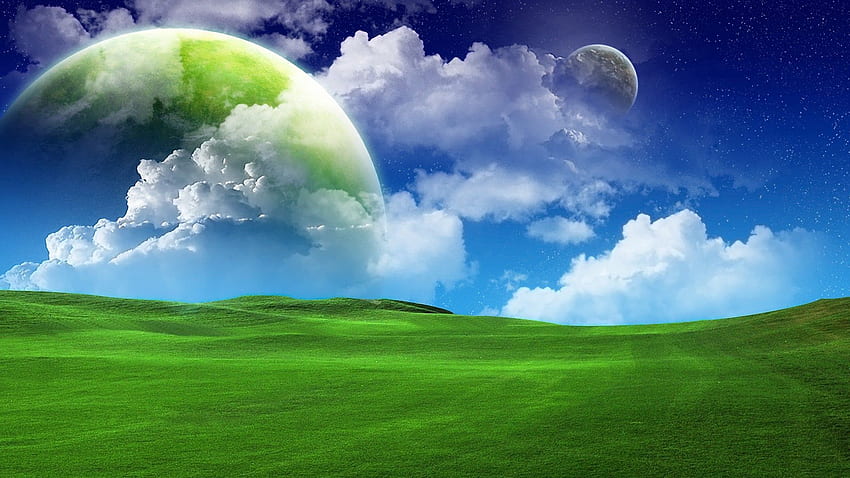 herbe, vert, bleu ciel, nuages, plein été, tv, f, fond Fond d'écran HD