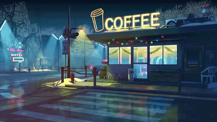 Night Coffee Shop Live, Anime-Café HD-Hintergrundbild