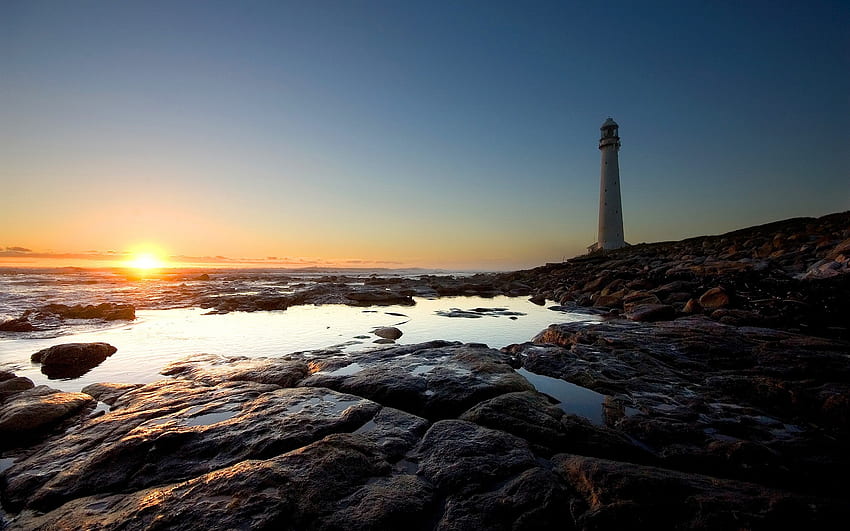 Lighthouse on the Coast, lighthouse, waves, coast, nature, sunset, ocean HD wallpaper