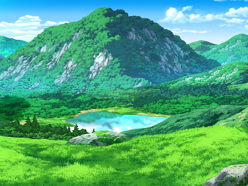 Anime Landscape, Mountain, Field, Grass, Lake, Scenic for Ainol Novo 9 Spark, 2048X1536 Nature HD wallpaper