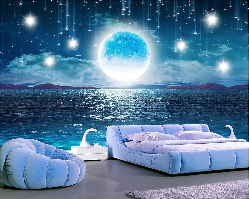 US $8.7 42% DE DESCUENTO. Beibehang agua luz de la luna hermosa noche cielo estrellado TV sala de estar dormitorio decoración del hogar murales 3D en fondo de pantalla