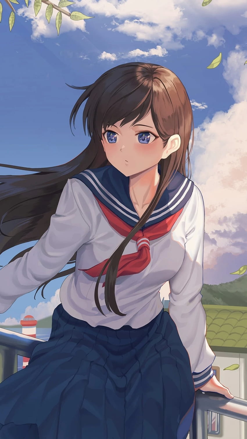 구름, 갈색 머리, 예쁜 애니메이션 여고생, 교복 - 해상도:, Anime Girl School HD 전화 배경 화면