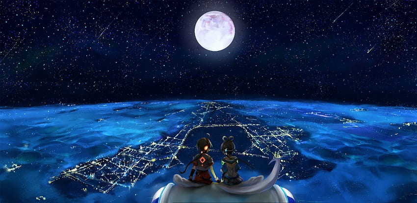 Headphones landscapes Vocaloid night stars Moon long hair twintails scenic sitting ponytails ahoge holding hands gray, Anime Night Sky Moon HD wallpaper