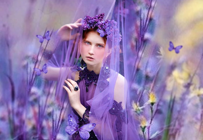 Purple World, colorato, viola, blu, farfalle, giallo, luminoso, ragazza, fiori Sfondo HD