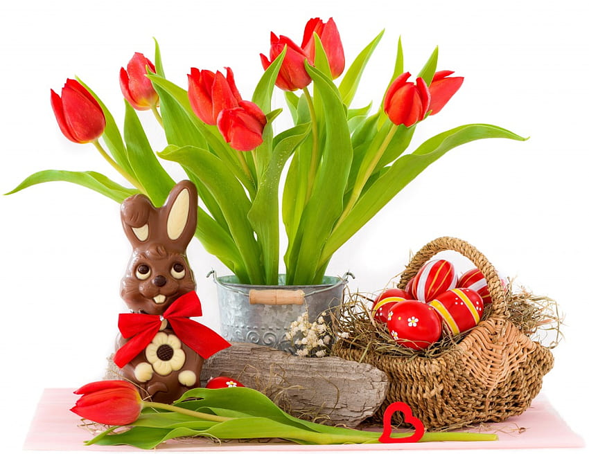 Temps de Pâques, lapin, vacances, Pâques, fleurs, tulipes, oeufs Fond d'écran HD