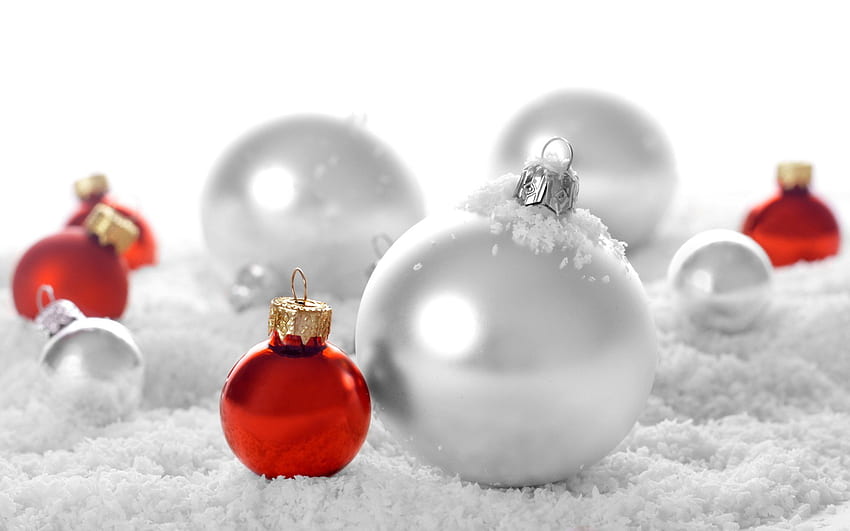 Christmas globes, globes, white, snow, christmas, red HD wallpaper