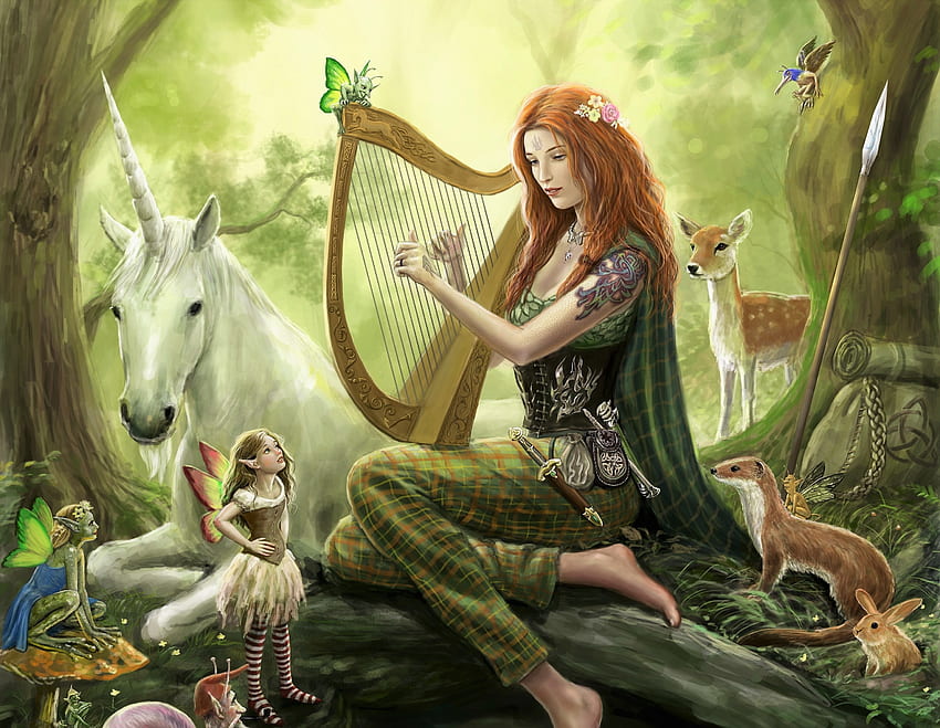 Canción del bosque, animal, lira, duende, arpa, hada, instrumento, mariposa, fantasía, verde, unicornio, pelirrojo, luminos, dashinvaine, bosque fondo de pantalla