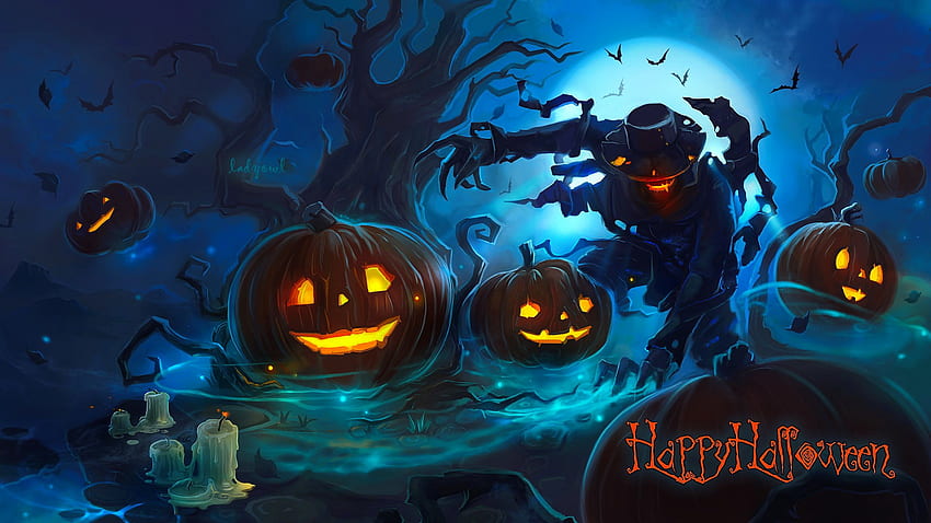 Happy Halloween!, night, blue, scary, magic, black, creepy, ascary, halloween, darkness, holiday, fantasy, fear, happy HD wallpaper