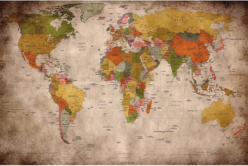 GREAT ART – Retro World Map Used Look – Decoración Atlas Globe Continents Earth Geography Old School Vintage Card Decor Mural de pared (82..1in - cm): Posters & fondo de pantalla