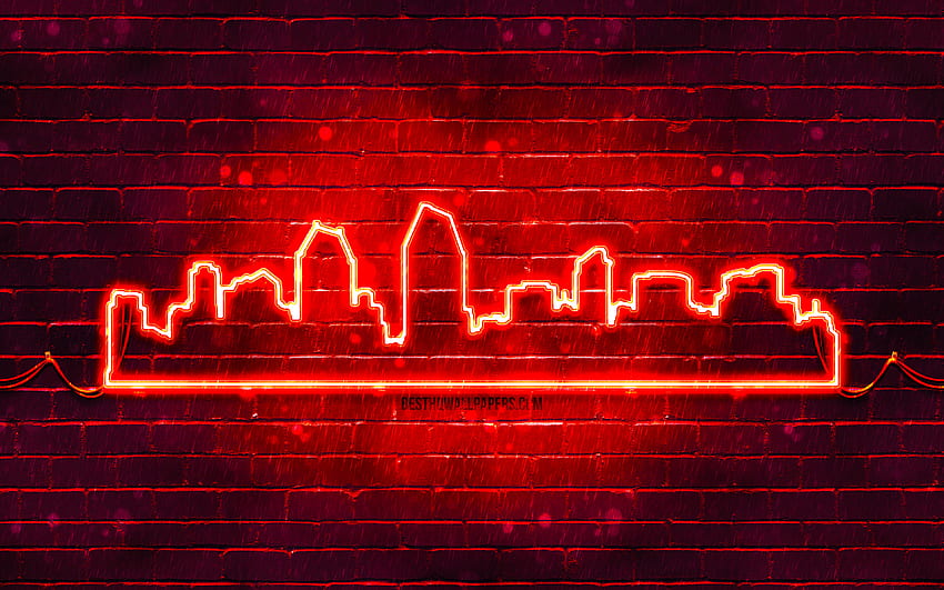 San Diego red neon silhouette, , red neon lights, San Diego skyline silhouette, red brickwall, american cities, neon skyline silhouettes, USA, San Diego silhouette, San Diego HD wallpaper