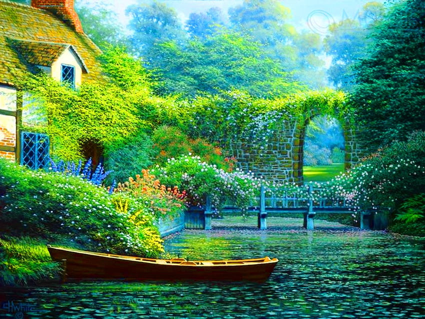 A place to rest, summer, boat, rest, place, green, house, trees, nature HD wallpaper