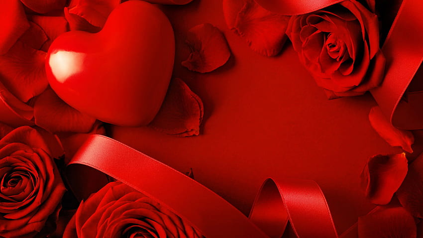 Walentynki, serce, róża, czerwony, wstążka, romantyczny, miłość, święta Tapeta HD
