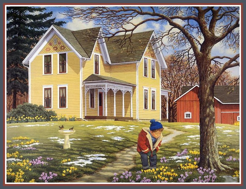 looking for spring, barn, season, boy, house, trees, flowers, spring HD wallpaper
