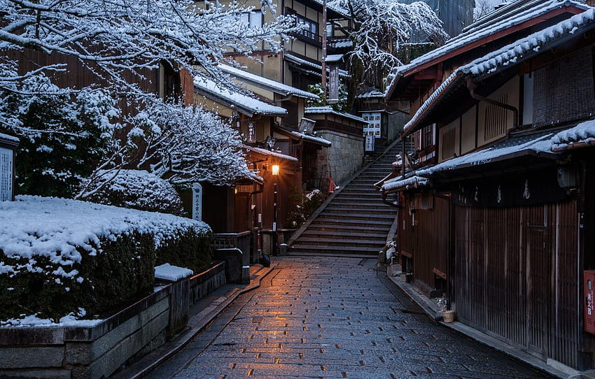 Casa, Invierno, Camino, La ciudad, Japón, Nieve, Escalera, Calle, Kyoto for , section город fondo de pantalla