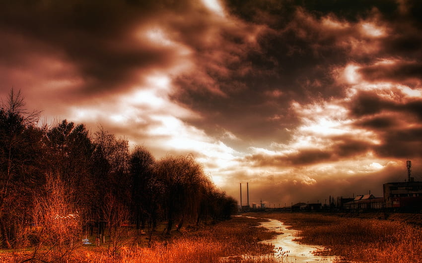 AUTUMN DARKNESS, buildings, darkness, path, autumn, sky, forest HD wallpaper