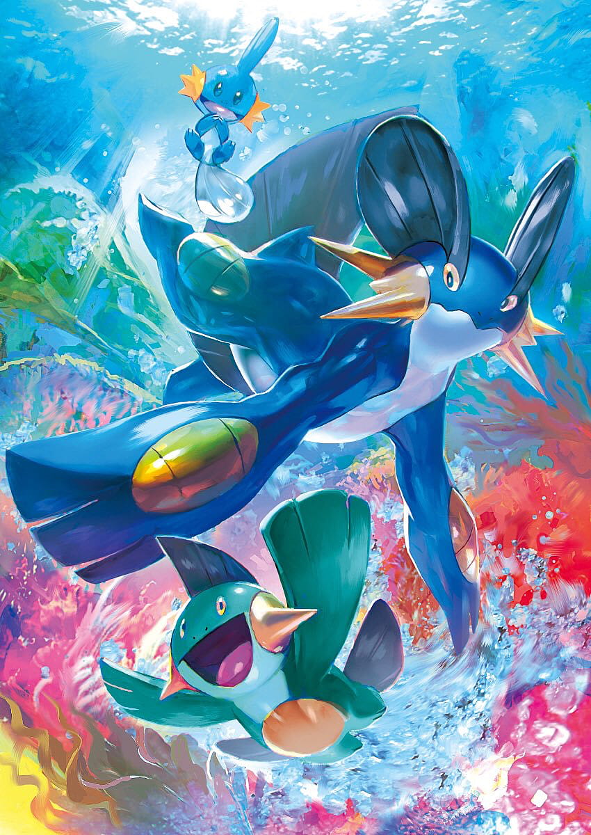 Pokémon. Mudkip, Marshtomp & Swampert - Tief im Blau HD-Handy-Hintergrundbild