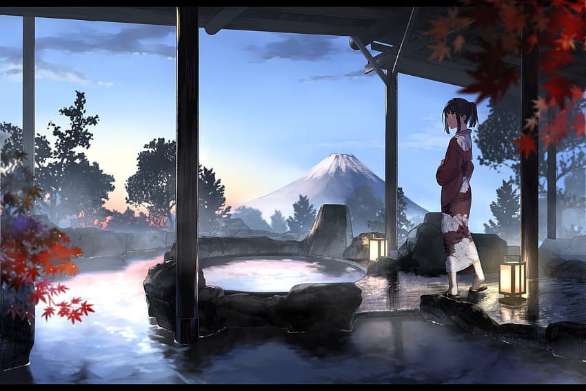 Anime Girl, quimono, fonte termal japonesa, 2736x1824 papel de parede HD