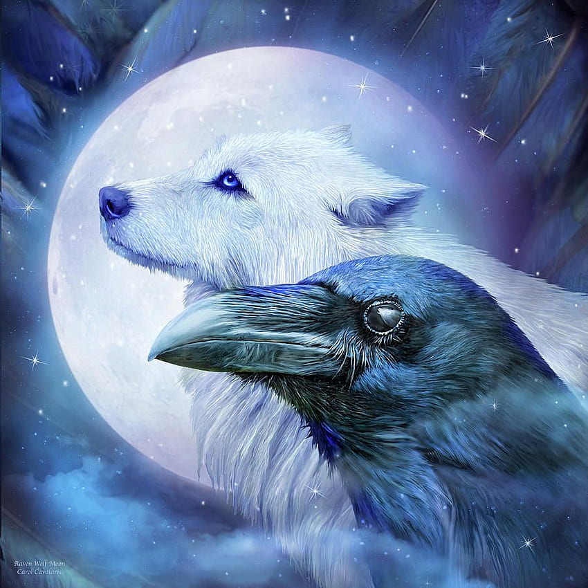 Raven Wolf Moon oleh Carol Cavalaris. Gagak dan serigala, karya seni Serigala, seni Gagak, Gagak dan Serigala wallpaper ponsel HD