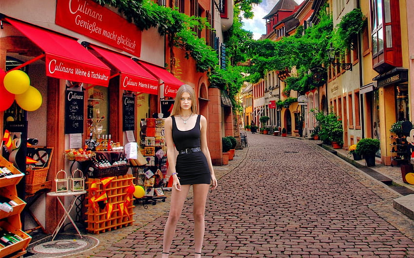 Sophie Sherwood em uma rua alemã, rua, modelo, vestido, loira papel de parede HD
