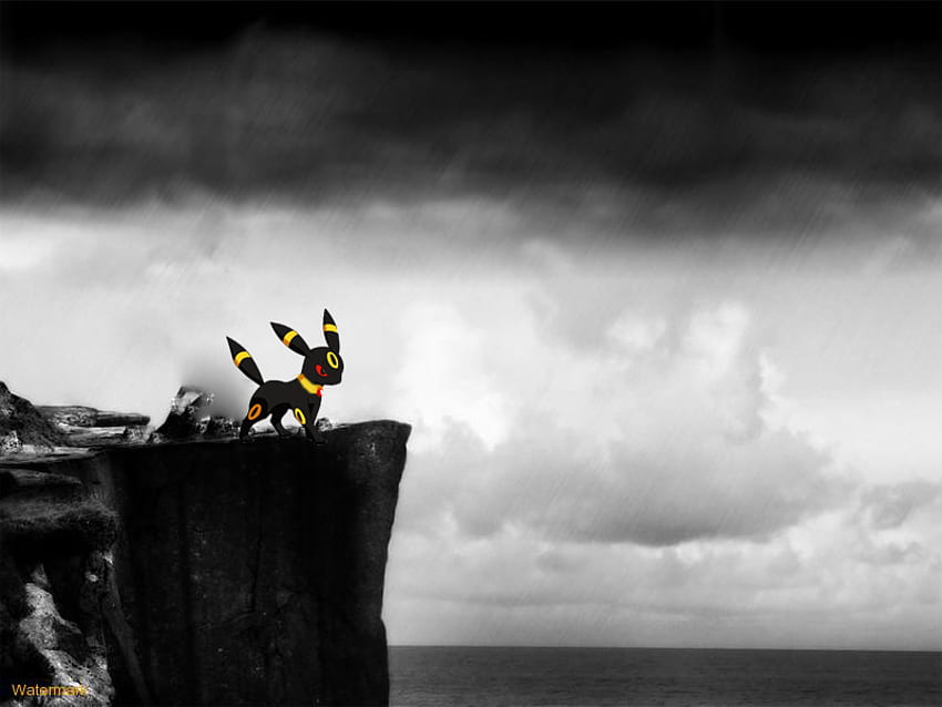 Umbreon on a Cliff, mar, branco, preto, umbreon, escuro, penhasco, pokemon, oceano, nuvem papel de parede HD