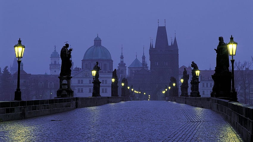 Прага Чехия здрач Карлов мост. HD тапет
