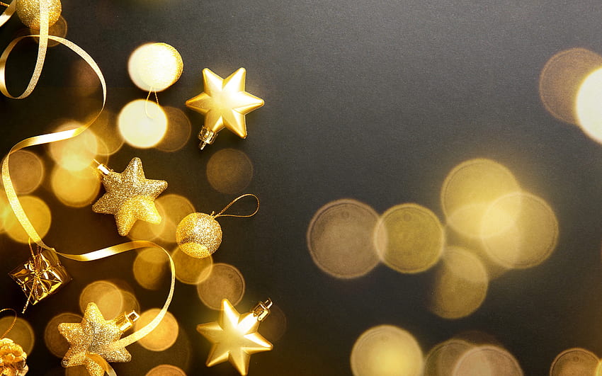 Gold Christmas background, Merry Christmas, gold Christmas decorations, gold glitter stars, black background, Christmas HD wallpaper