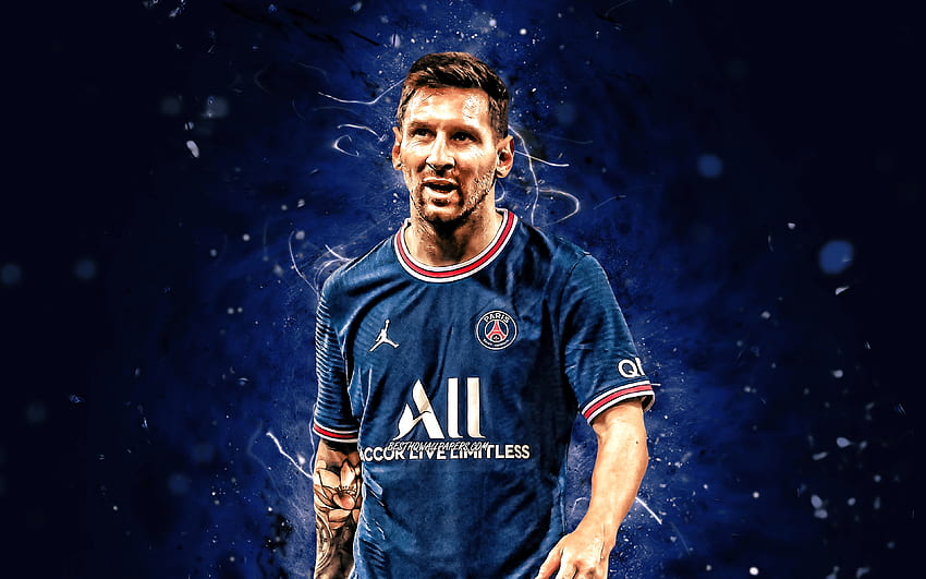 Lionel Messi PSG, 2021, mavi neon ışıklar, Paris Saint-Germain, Arjantinli futbolcular, futbol yıldızları, Leo Messi, futbol, ​​Messi, PSG, 1 Ligue, Lionel Messi , Lionel Messi Paris Saint-Germain HD duvar kağıdı