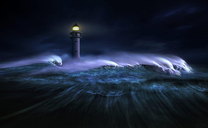 灯台 嵐の海、夜の灯台 高画質の壁紙