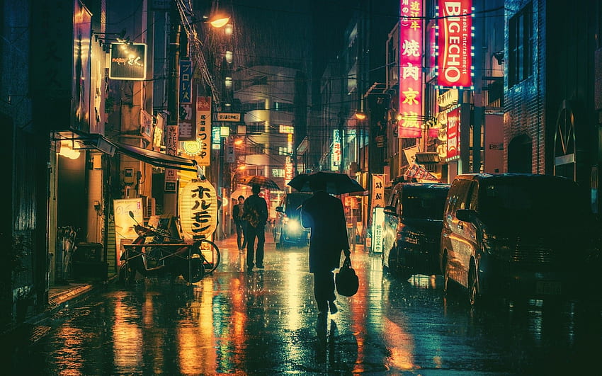 japonés, ciudad, urbano, calle, asia, lluvia, noche, tokio, japón fondo de pantalla
