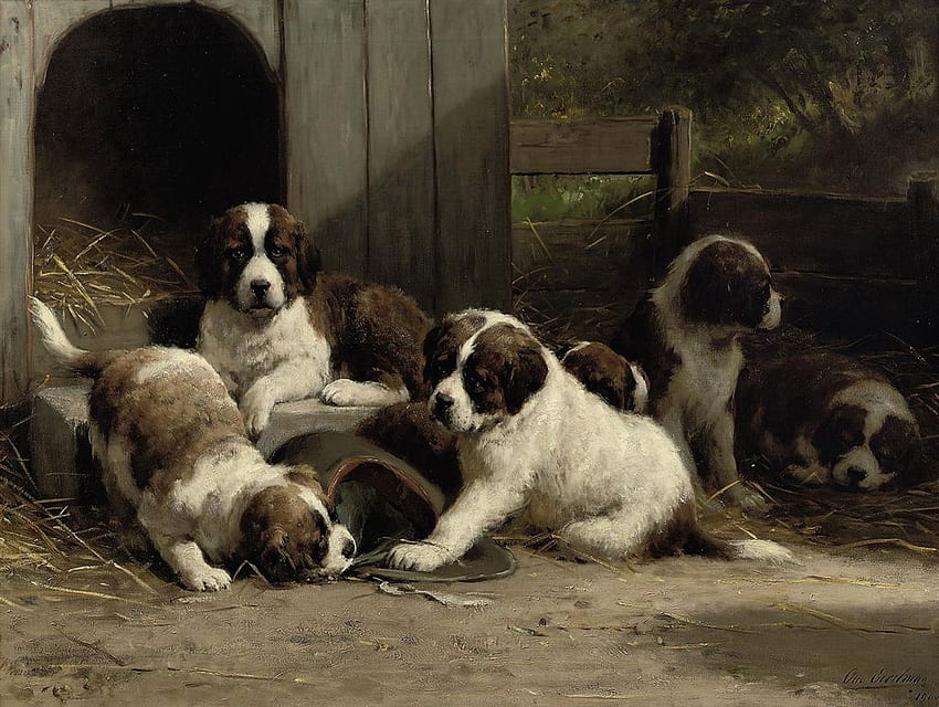 Saint-Bernard puppies, dog, otto eerelman, puppy, painting, art, pictura, cute, saint bernard HD wallpaper