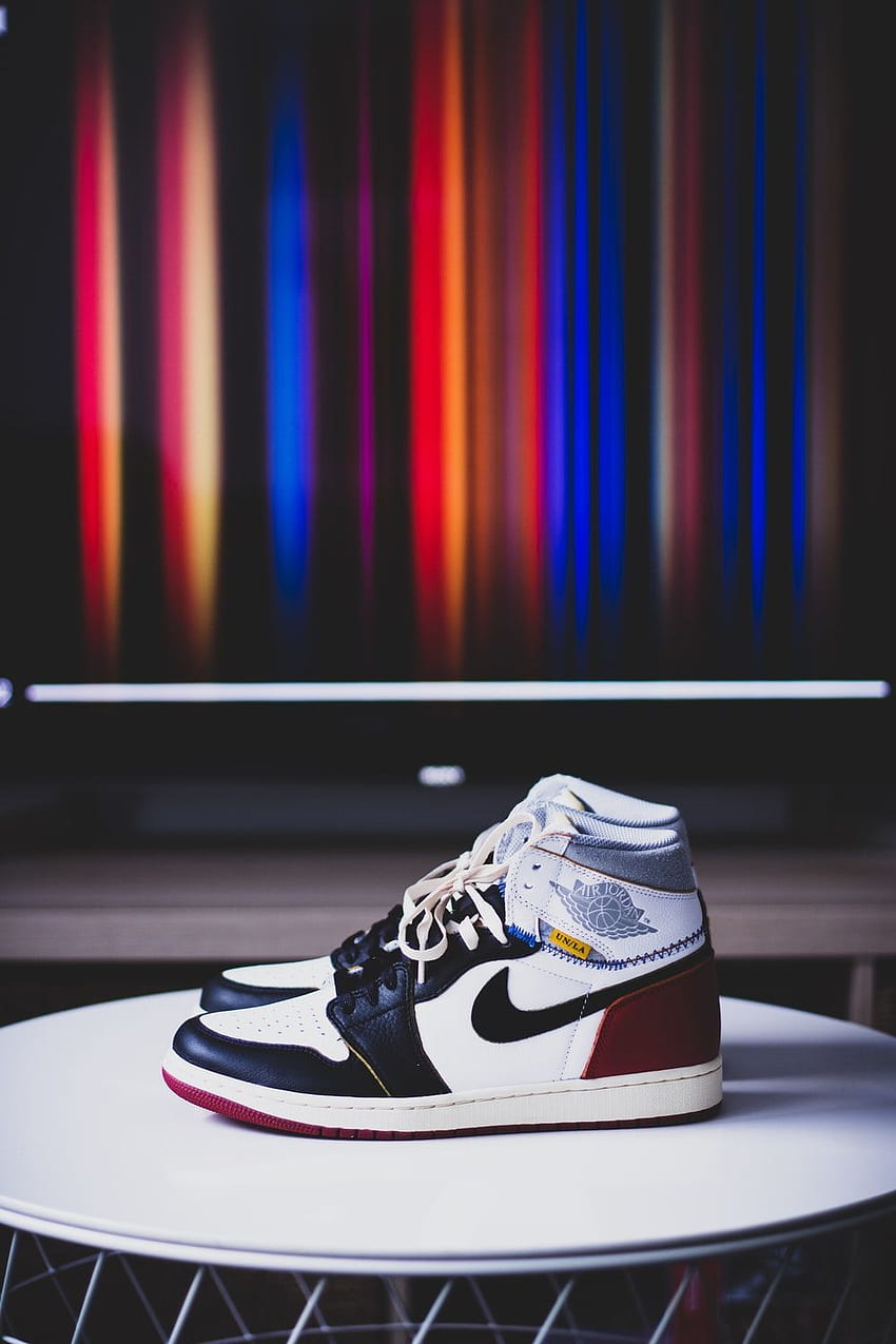 White, Red And Black Air Jordan 1's On White Wooden Table – Clothing HD phone wallpaper
