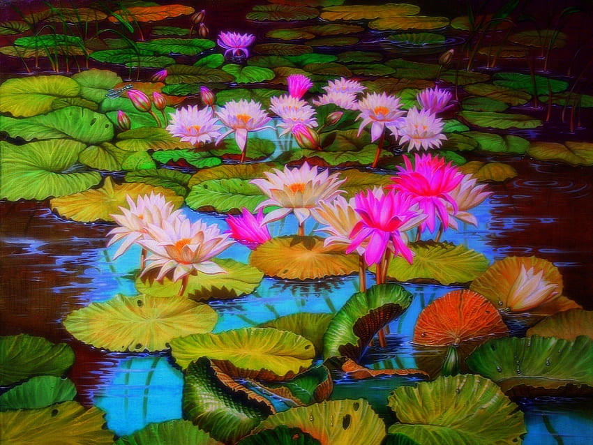 ✰Dragonflies on Lotus✰, softness, dragonflies on lotus, traditional art, dragonflies, beauty, scenery, lotus pads, animals, drawings, lotus pond, attractions in dreams, paintings, creative pre-made, landscapes, water lilies, nature, flowers, lotus HD wallpaper