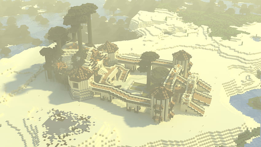 Perspectiva del pájaro del templo del desierto por Saja Art, Desierto de Minecraft fondo de pantalla