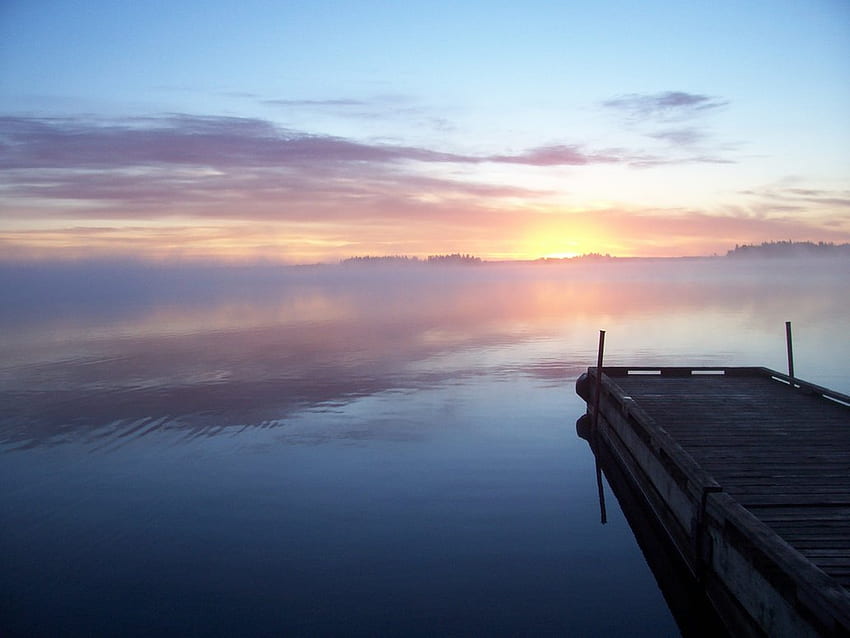 Peace, blue, morning, orange, sunrise, lake, pink, fog, reflection, yellow, memory, dock HD wallpaper
