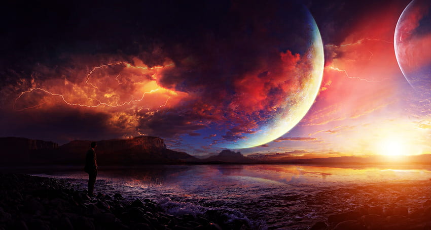 Planet collapse, planets, man, landscape, lightning, digital, moon, clouds, sky, ocean HD wallpaper