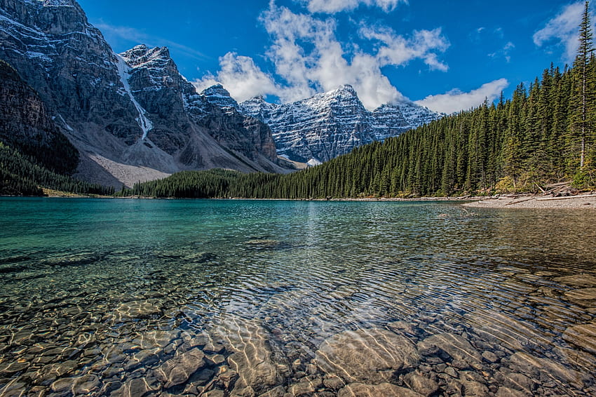 Clean lake, mountains range, trees, nature HD wallpaper