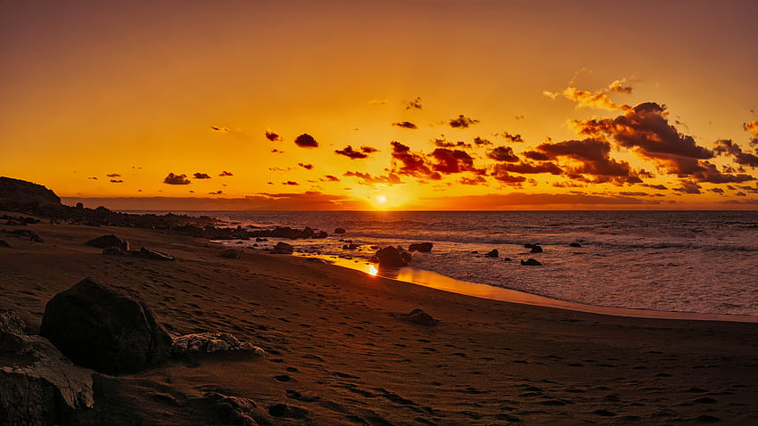 Naturaleza, puesta de sol, piedras, arena, orilla, banco, océano, España, Islas Canarias, Valle Gran Rey, Valle Gran-Rey fondo de pantalla