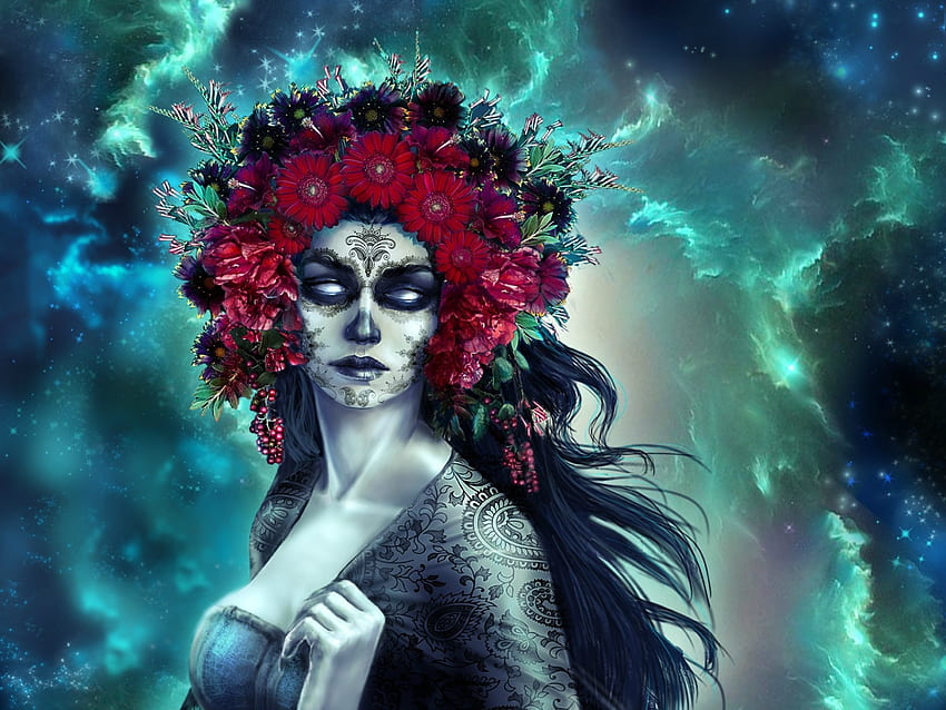 Dia de los muertos, blue, girl, halloween, rose, fantasy, flower, red, luminos, irina vasilenko, wreath HD wallpaper