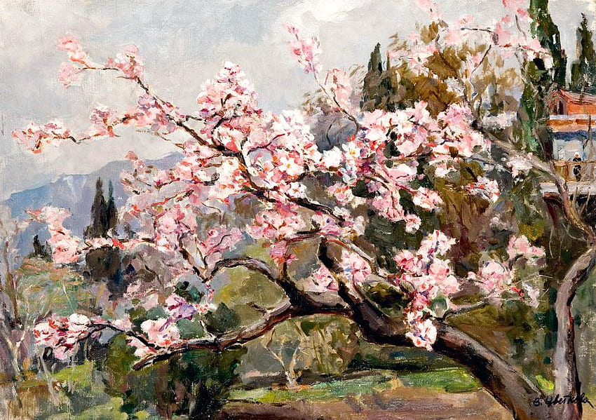 В.Цветкова. Весна в горах, pink, painting, art, flower, tree HD wallpaper