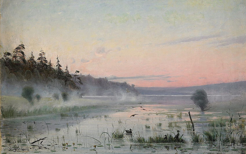 Nature, Ducks, Art, Lake, Fog, Morning, Painting, Reeds HD wallpaper
