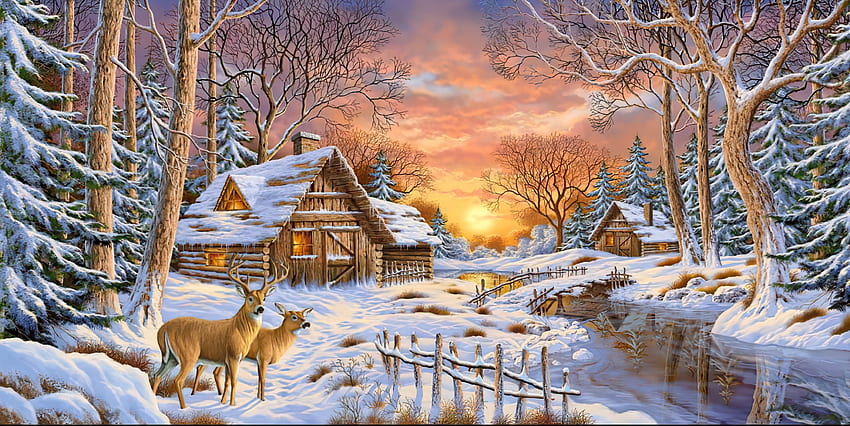 Winter fairytale, wooden, winter, fairytale, creek, art, house, painting, snow, bridge, couple, wonderland, cottage, deers, countryside, village, sunset HD wallpaper