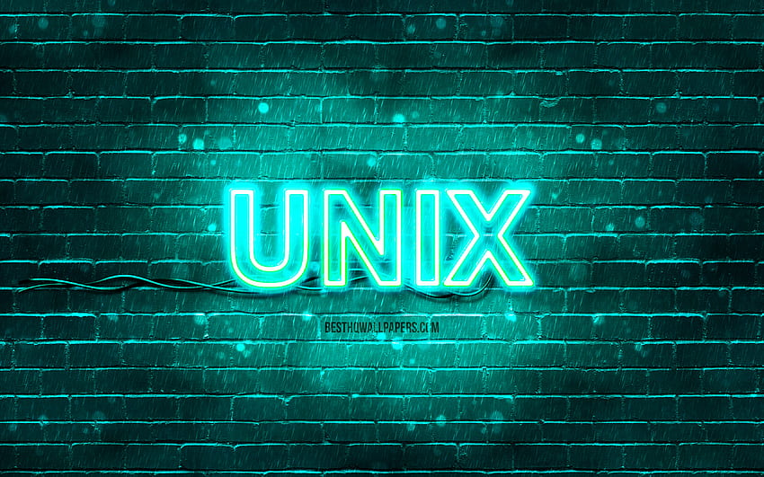 Unix turquoise logo, , turquoise brickwall, Unix logo, operating systems, Unix neon logo, Unix HD wallpaper