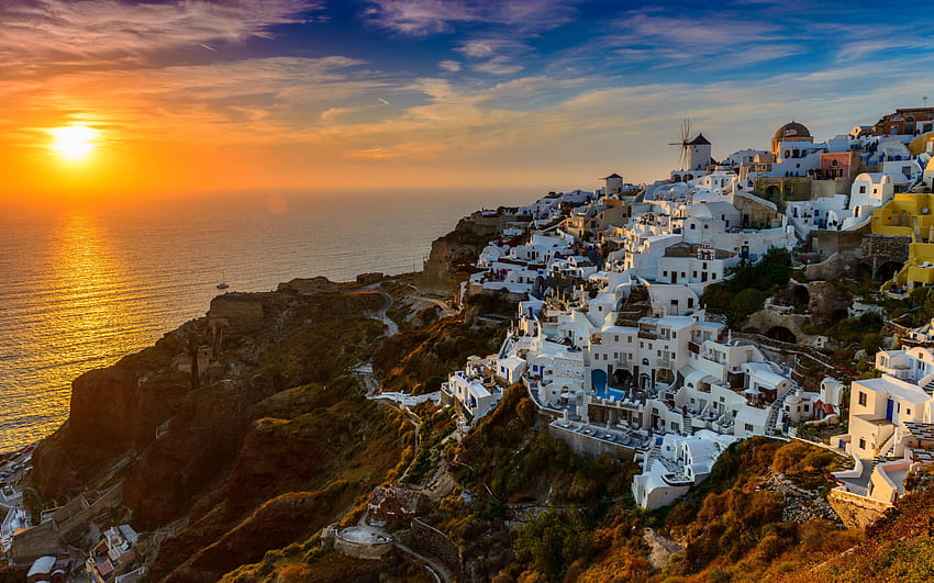 Santorini Island In Greece Aegean Sea Sunset For Mobile Phones And Laptops, Greece Ocean HD wallpaper